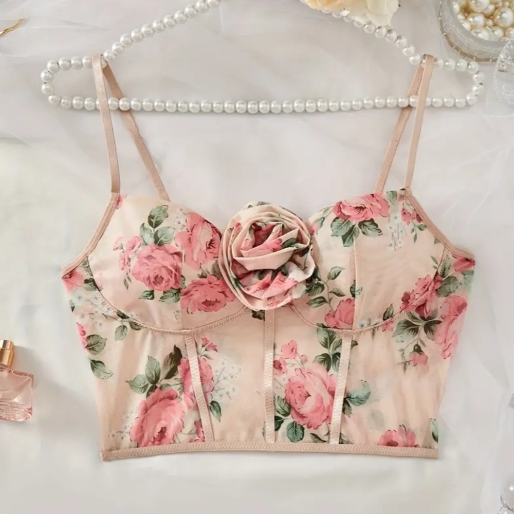 Elegant Floral Print Mesh Cami Top - Semi-Sheer, Stretchy Polyester Blend
